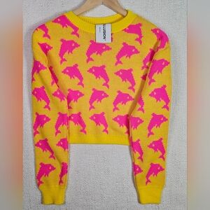 Collusion Dolphin Sweater Yellow Pink Cropped Knit Y2K XS